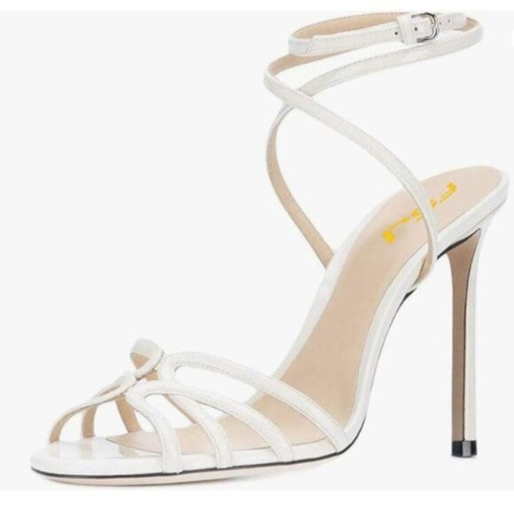 FSJ White Strappy Open Toe Stiletto High Heels Ankle Wrap Cutout Dress Sandals